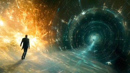 Man Walking Toward Light in Digital Tunnel