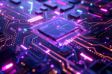 Obraz premium Modern circuit board design, radiant blue and purple pathways, complex network, side view, highlighting futuristic electronic design, scifi tone, Splitcomplementary color scheme