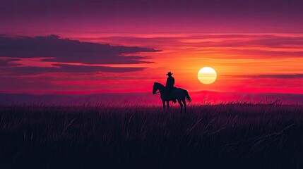 Cowboy riding a horse silhouetted against a vibrant sunset, with a wide expanse of plains stretching into the horizon.