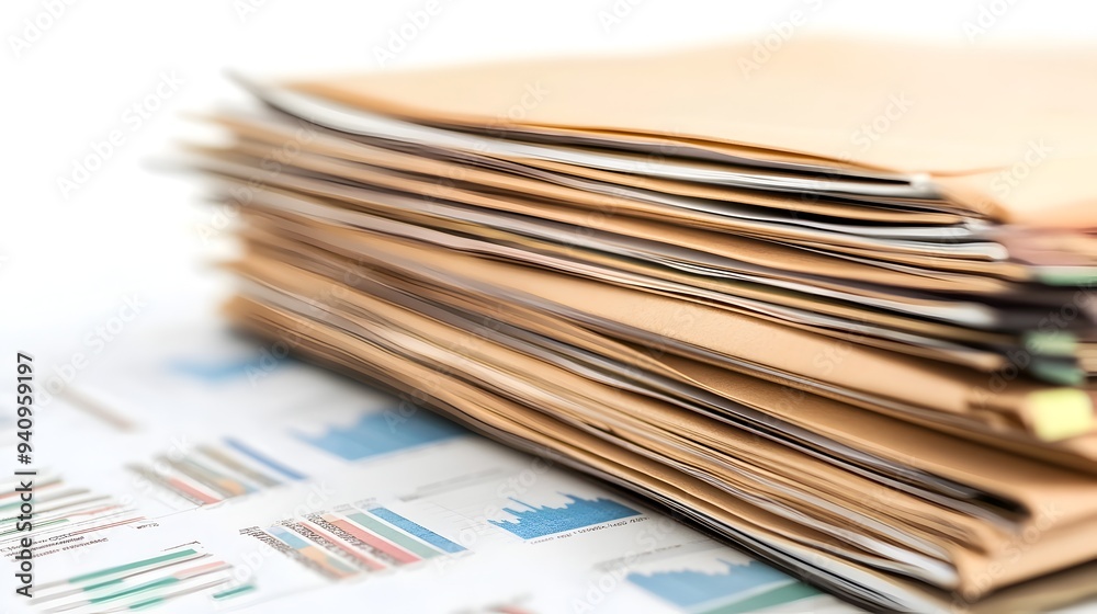 Poster a stack of neatly arranged business reports and documents containing various charts graphs and analy