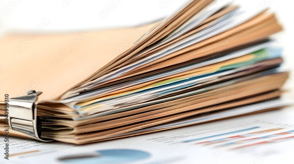 Poster stacked pile of business reports financial charts and data analytics graphs on a clean white backgro