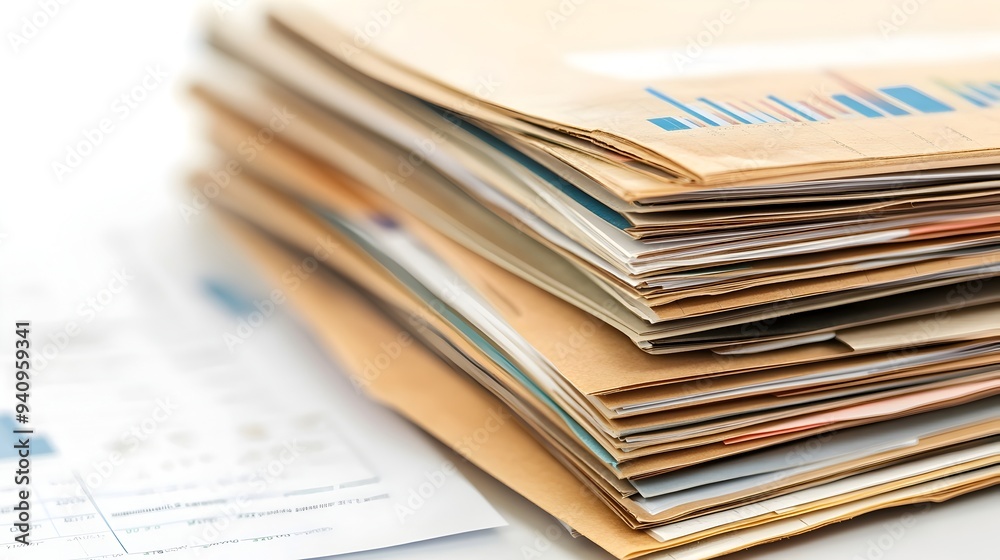 Poster a stack of business reports with various charts graphs and data visualizations displayed isolated on