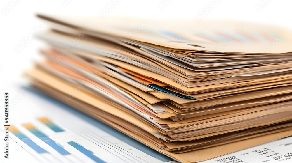 Poster a stack of well organized business reports with detailed charts graphs and other financial data elem