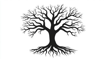 Stylized tree silhouette in black with spreading branches and roots, isolated on white, perfect for growth and foundation concepts.