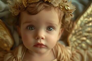Fototapeta premium A cherubic baby angel adorned with a golden crown, radiating innocence and celestial beauty, An angelic baby with chubby cheeks and a golden halo, AI generated