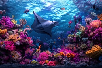 Fototapeta premium A captivating underwater moment with a graceful manta ray hovering above an array of vividly colored corals, depicting the vibrant diversity of marine ecosystems.