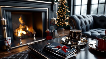 Christmas Coffee Table with Fireplace and Decor