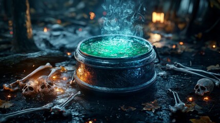 Spooky Halloween Cauldron with Green Potion  Skulls  and Bones in a Forest Setting