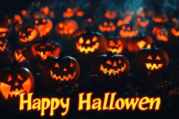 Pumpkin Patch Collage: Pictures of a pumpkin patch with carved jack-o'-lanterns. The text "Happy Halloween" in a glowing, orange font across the bottom