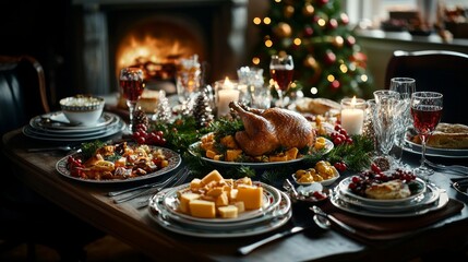 Naklejka premium Festive Christmas Dinner Table with Roasted Turkey Wine and Candles