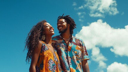A diverse couple smiles under a blue sky, showcasing their unique styles and joyful connection.