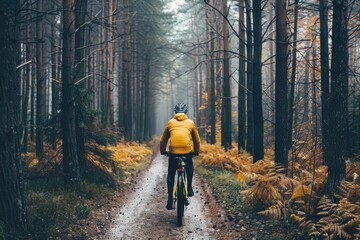Obraz premium A person rides a bike along a dirt road, surrounded by nature