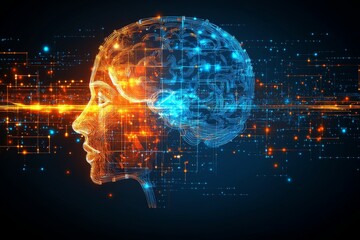 Fototapeta premium Futuristic digital head in vibrant orange and blue tones representing the fusion of technology and human intellect in a modern abstract interpretation of the minds potential and energy