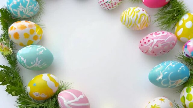 A row of colorful eggs with a white background