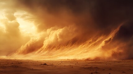 Obraz premium Sandstorm sweeping across a barren desert, harsh weather, gritty atmosphere