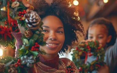 A joyful woman and child holding holiday wreaths, spreading festive cheer in a warmly lit room decorated for Christmas.