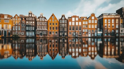 Iconic canal houses of Amsterdam, Netherlands, with their tall, narrow facades and gabled roofs, reflecting in the water.