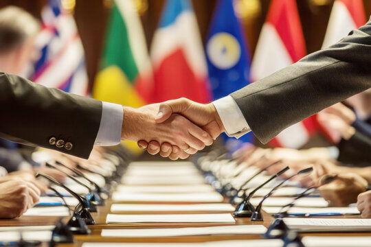 Handshake between diplomats at an international meeting with various country flags in the background, symbolizing global cooperation