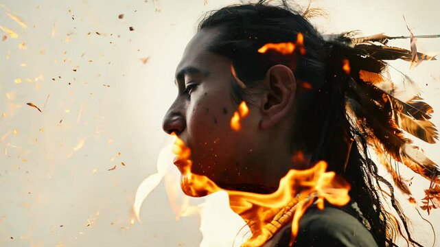 Profile of a native American shaman surrounded by flames and embers on a grey background. Concepts of cultural heritage, fire elements, and intense atmosphere.