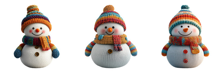 Snowman figurines set isolated on transparent background festive winter decorations