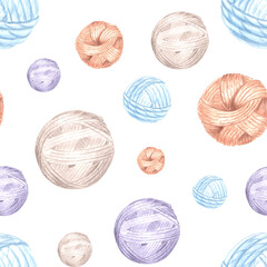 Yarn balls Tangles of wool or cotton. Seamless pattern for cozy hobby knitting. Hand drawn watercolor illustration. Backdrop of needlecraft. Template for blog, needlework store, textile, wrapping, app