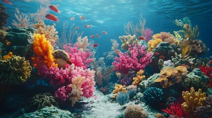 Naklejka premium Vibrant Coral Reef Ecosystem with Tropical Fish