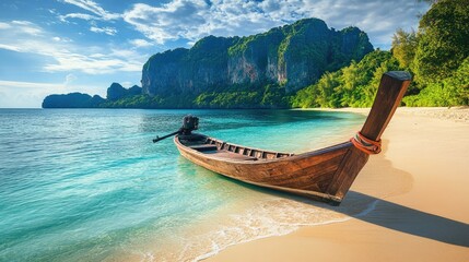 Long tail boat resting on a peaceful Koh Phi Phi beach, crystal-clear waters lapping at the sand, with green hills rising in the background.