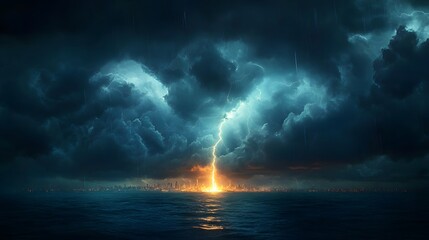 Fototapeta premium Thunderstorm with lightning striking a distant city skyline, extreme weather, electrifying