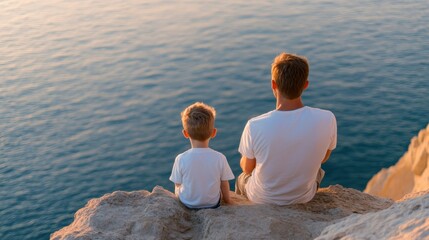 A father and son sit together on a rocky edge, facing the calm sea as the sun sets, sharing a tranquil moment