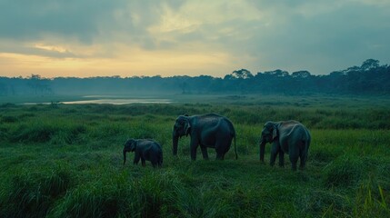 Obraz premium Majestic elephants, including a pregnant one, roaming with their young in the lush landscape of Kaziranga National Park at dusk.