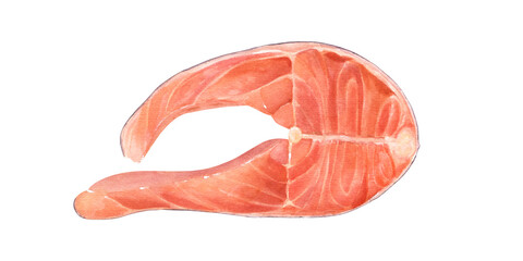 Raw fresh salmon steak watercolor food illustration. Coho, chinook slice. Trout fish hand drawn painting ingredient for seafood and marine recipes, menu, cookbook. Top view