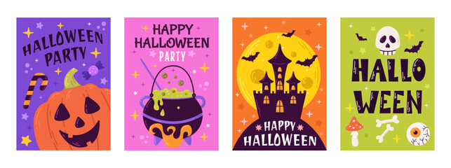 Happy Halloween party posters or flyers set. Vector illustration with pumpkin, ghost, moon, bat, and spiders web