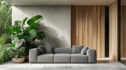 Modern gray sofa placed in front of a minimalist house, with green plants and wooden doors enhancing the contemporary design.