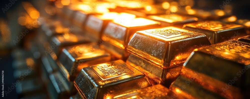 Poster close-up view of shiny gold bars stacked elegantly, showcasing their luxury and value in a captivati