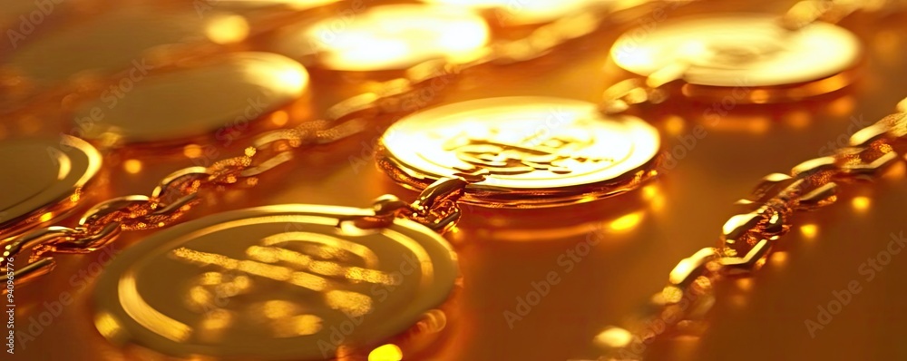 Poster shiny gold coins linked by a delicate chain, reflecting light in a warm glow, symbolizing wealth and