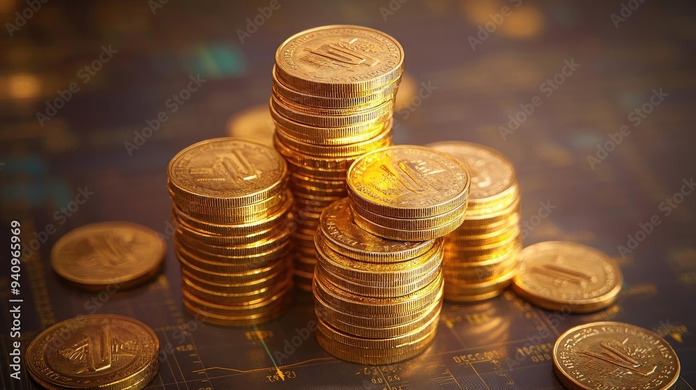 Poster A close-up view of stacked golden coins symbolizing wealth and prosperity in a financial context.