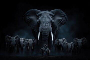 A powerful image of a large, dominant adult elephant at the forefront, surrounded protectively by a herd, illustrating strength, unity, and guardianship in the animal kingdom.