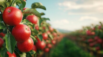 Obraz premium Organic apple orchard trees full of ripe apples