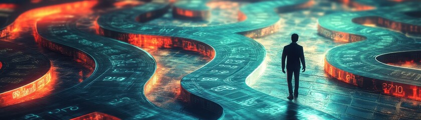 A lone figure navigates a vibrant, abstract landscape symbolizing choices and opportunities in a digital age.