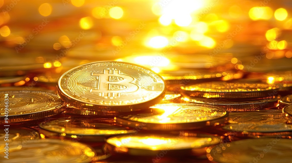 Poster shiny bitcoin coins glimmer in the light, symbolizing wealth and investment in the digital currency 