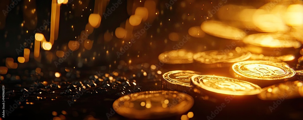 Poster a close-up shot of shiny gold coins glimmering in soft light, creating an atmosphere of wealth and l