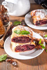 Homemade fragrant autumn cherry strudel