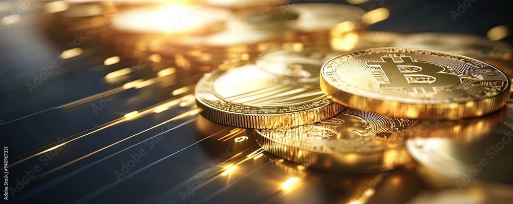 Poster close-up of shimmering gold coins reflecting light, representing cryptocurrency's value and innovati