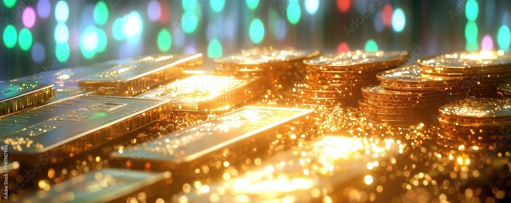 Poster a captivating close-up of gold coins and bars glimmering in soft light, evoking wealth and luxury wi