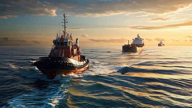 A large ship is in the water with a smaller ship behind it