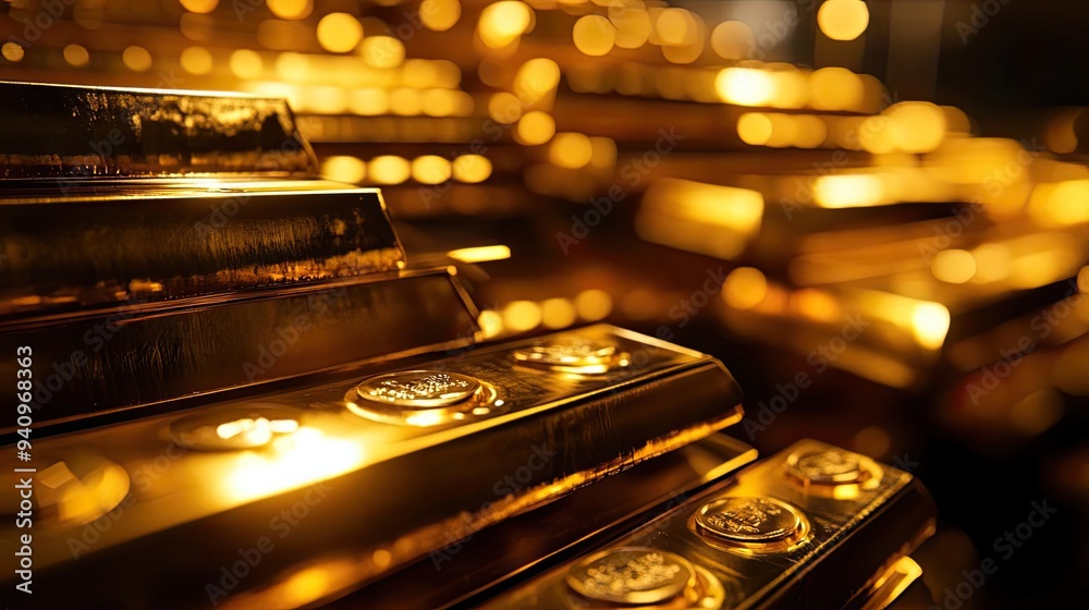 Poster a close-up view of gleaming gold bars stacked together, showcasing their rich color and luxurious ap