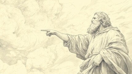 The Lord&rsquo;s Challenge to Job in the Bible - Illustration of The Lord Pointing to the Heavens, Questioning Job About the Mysteries of the Universe, Beige Background