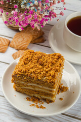 Homemade cake on a light table. Sweet breakfast