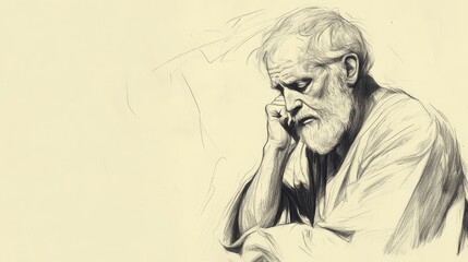 Job’s Reflection Illustrated - Sitting Quietly After Speaking, Showing Grief Mixed with Determination, Beige Background