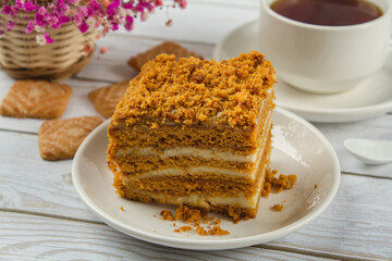 Homemade cake on a light table. Sweet breakfast